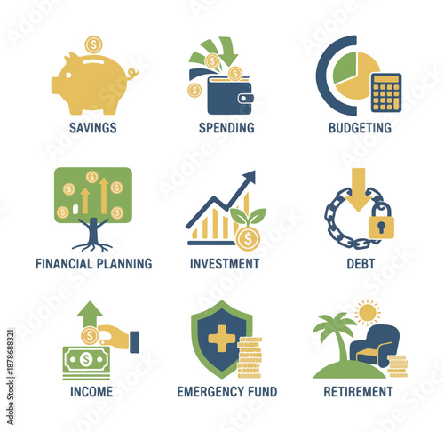 Financial icons representing savings investment and growth concepts