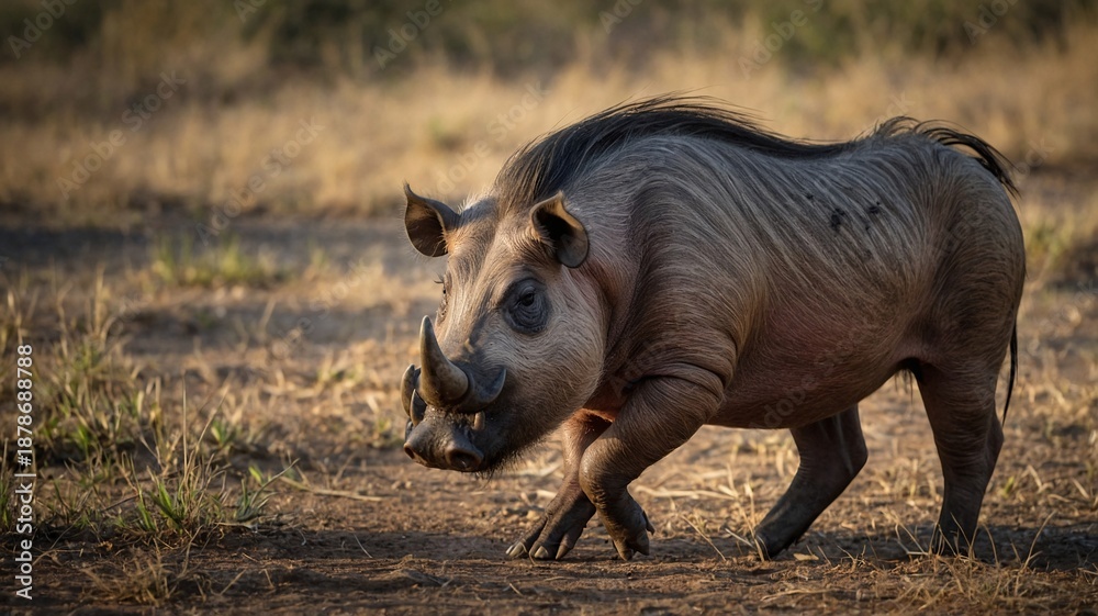 Fototapeta premium A wild boar with distinctive tusks walks gracefully through a golden grassland during sunset, showcasing its unique features.