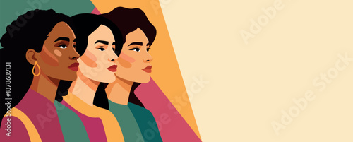 Vector banner with space for text for International Women's Day, March 8. Free women of different nationalities, cultures unite. Diversity, feminism. Movements for gender equality, women's empowerment