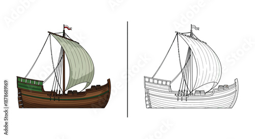 Professional Viking Longship Graphic Set Featuring Color Version and Detailed Line Art Sketch