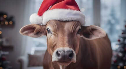 Gentle Gir Cow Posing in Festive Holiday Spirit