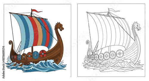 Classic Viking Longship Illustration in Full Color and High Contrast Black and White Versions