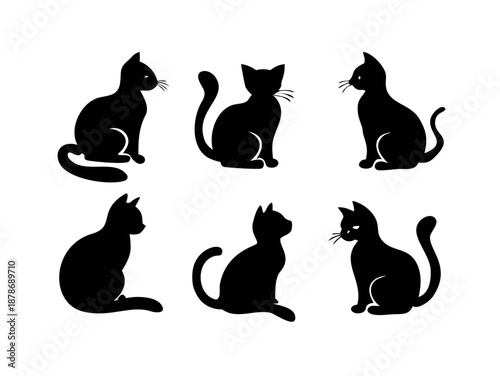 Minimalist Sitting Cat Icons Set of 6 Black and White Silhouettes
