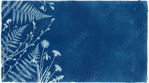 Cyanotype botanical silhouettes on deep blue. Cyanotype fern leaves and wildflower stems on textured paper, cyanotype backdrop for spring equinox cards, eco branding, wedding invites, copy space