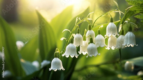 Delicate white and green flowers hang from a branch, illuminated by warm sunlight, creating a serene natural scene