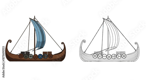 Viking Ship Sailing on Ocean Waves Vector Illustration for Nautical Graphic Design Projects