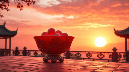 Papier peint photo Corail A serene landscape of a traditional Chinese temple silhouette against an orange sunset sky by the ocean with a fishing boat on the horizon at dusk  © prasarn