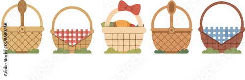 Cute Easter Picnic Basket Outline Icon Set Straw Hamper and Spring Decor