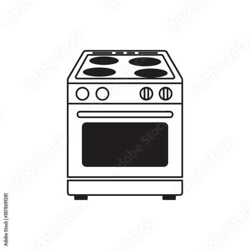 A minimalist black and white illustration of a modern kitchen oven with four burners and a clean oven door, perfect for culinary and household themes