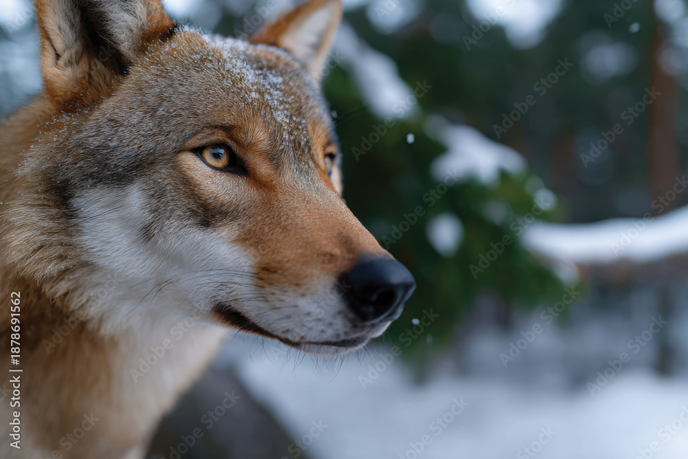 Fototapeta premium In a snowy terrain, a wolf displays its powerful gaze and wild beauty, embodying the essence of nature's raw elegance and wilderness spirit.