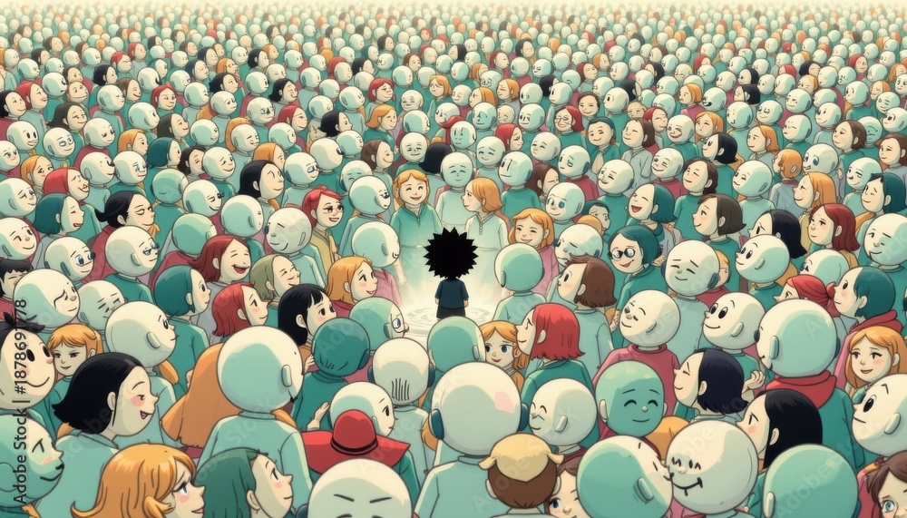 Obraz premium one dark among light 11: a crowd of characters in light mint tones with a single character in charcoal ink standing out, gentle line art cartoon, tightly packed character crowd