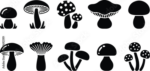 Cartoon Mushroom Silhouette Icon Set Forest and Nature Doodle Shapes