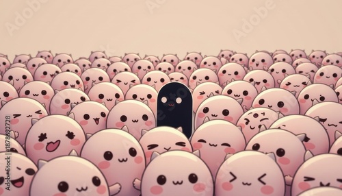 one dark among light 181: a crowd of characters in pale blush tones with a single character in charcoal ink standing out, simple rounded mascot illustration
