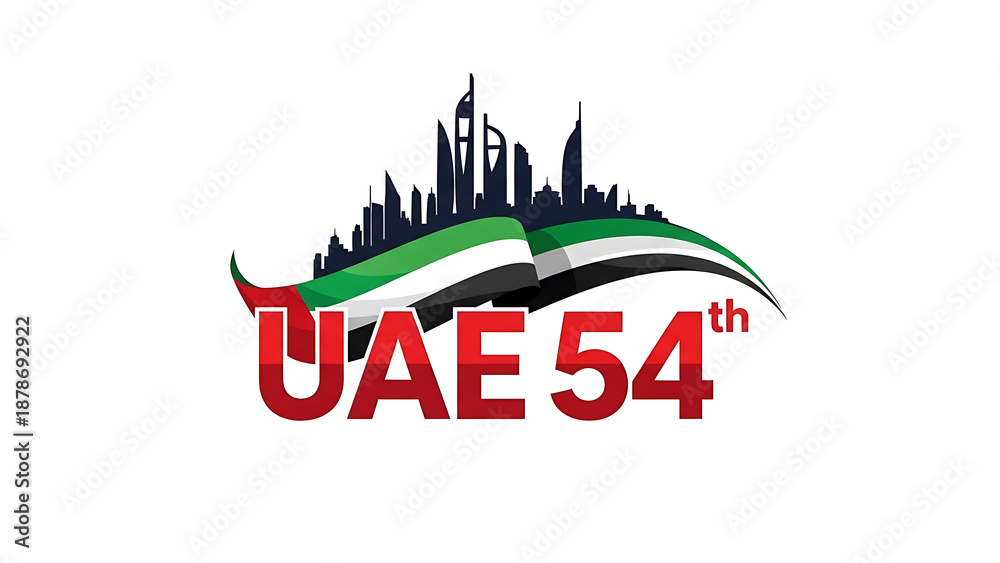 Obraz premium UAE 54th National Day Celebration Logo with Skyline Silhouette and Waving Flag