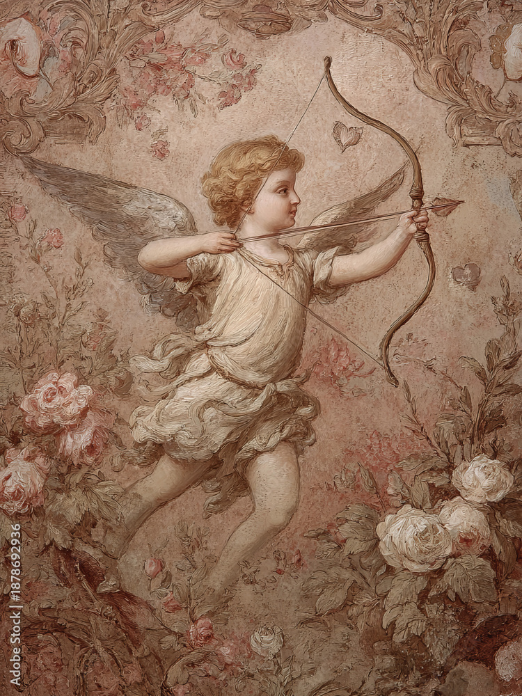 Fototapeta premium Vintage Valentines Day Cupid Angel with Bow Print