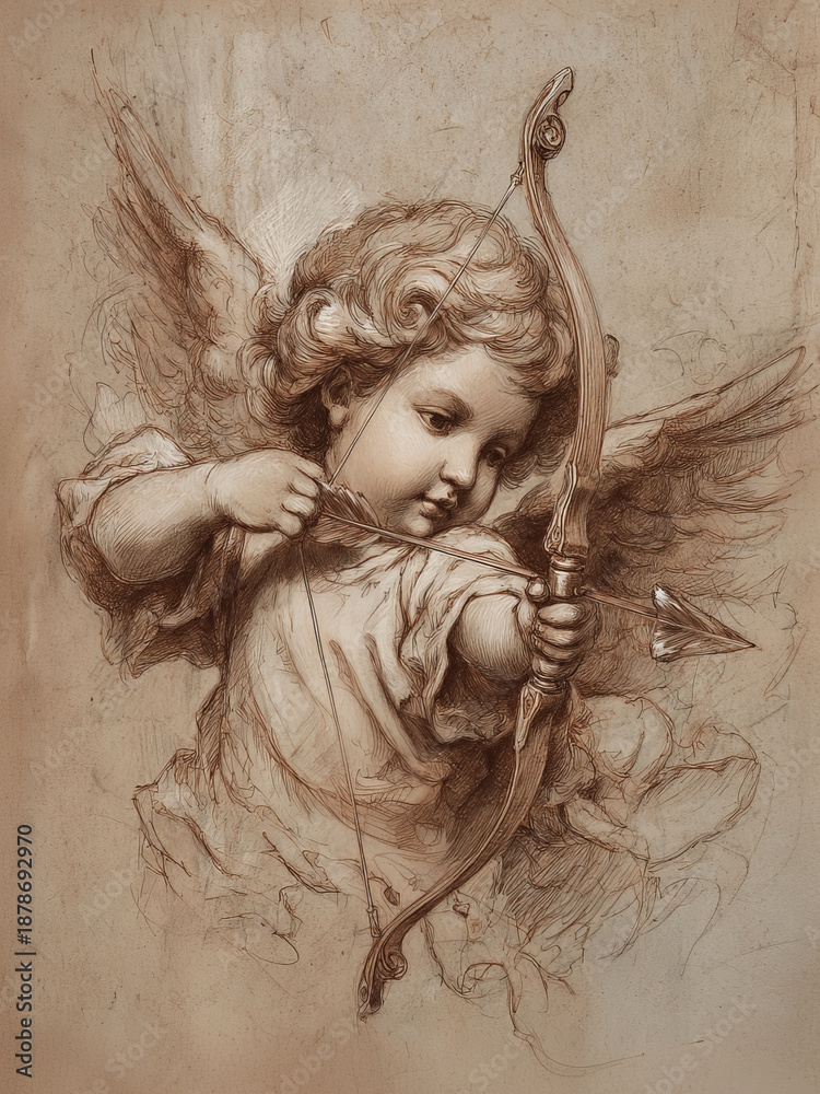 Naklejka premium Vintage Valentines Day Cupid Angel with Bow Print