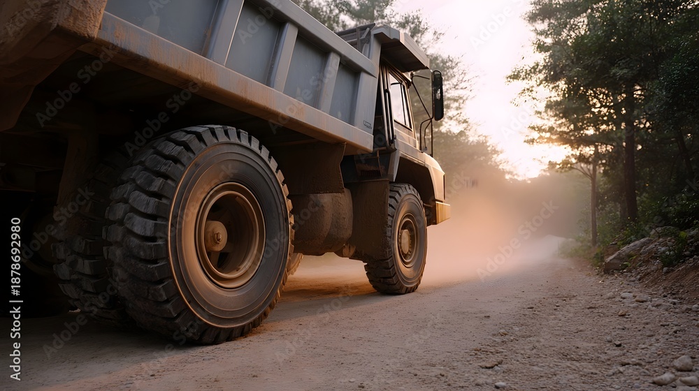 Obraz premium A heavy duty dump truck navigates a dusty rural road at dawn kicking up dust in the warm morning light