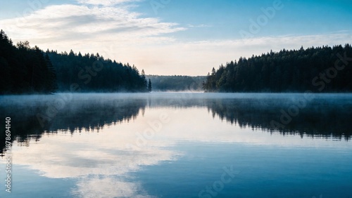 Morning mist over calm lake