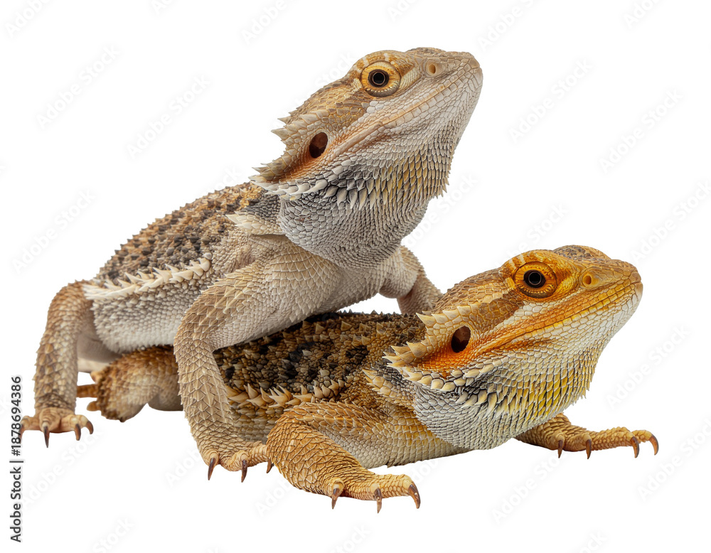 Obraz premium Bearded dragons pair perched together showing textured scaly skin and warm amber tones