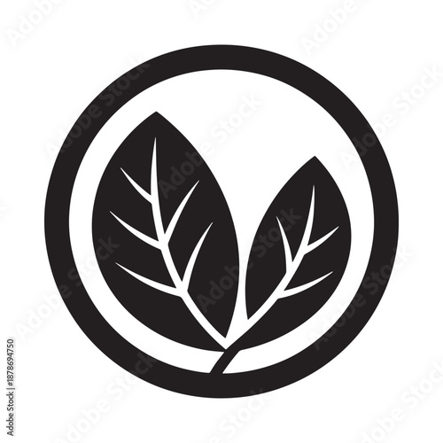 Simple black and white circular logo featuring two stylized leaves inside