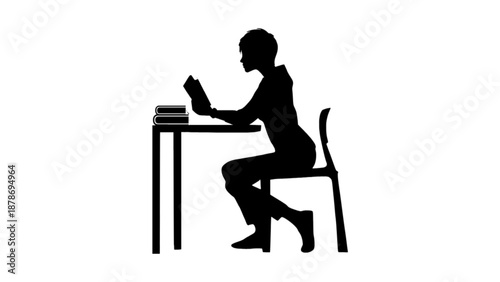 Silhouette of a Woman Sitting at Desk Reading a Book