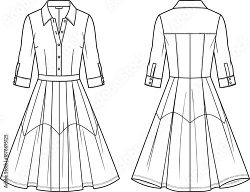 Fashion dress technical sketch, front and back view, vector flat drawing, pleated skirt, collar, cuff, yoke, button detail