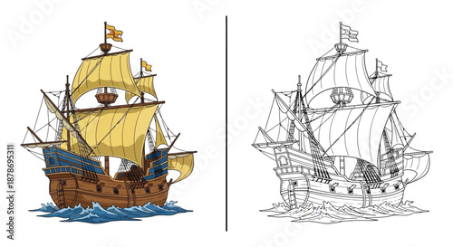 Retro Style Sailboat Illustration Featuring Vibrant Color Ship and Artistic Sketch Version