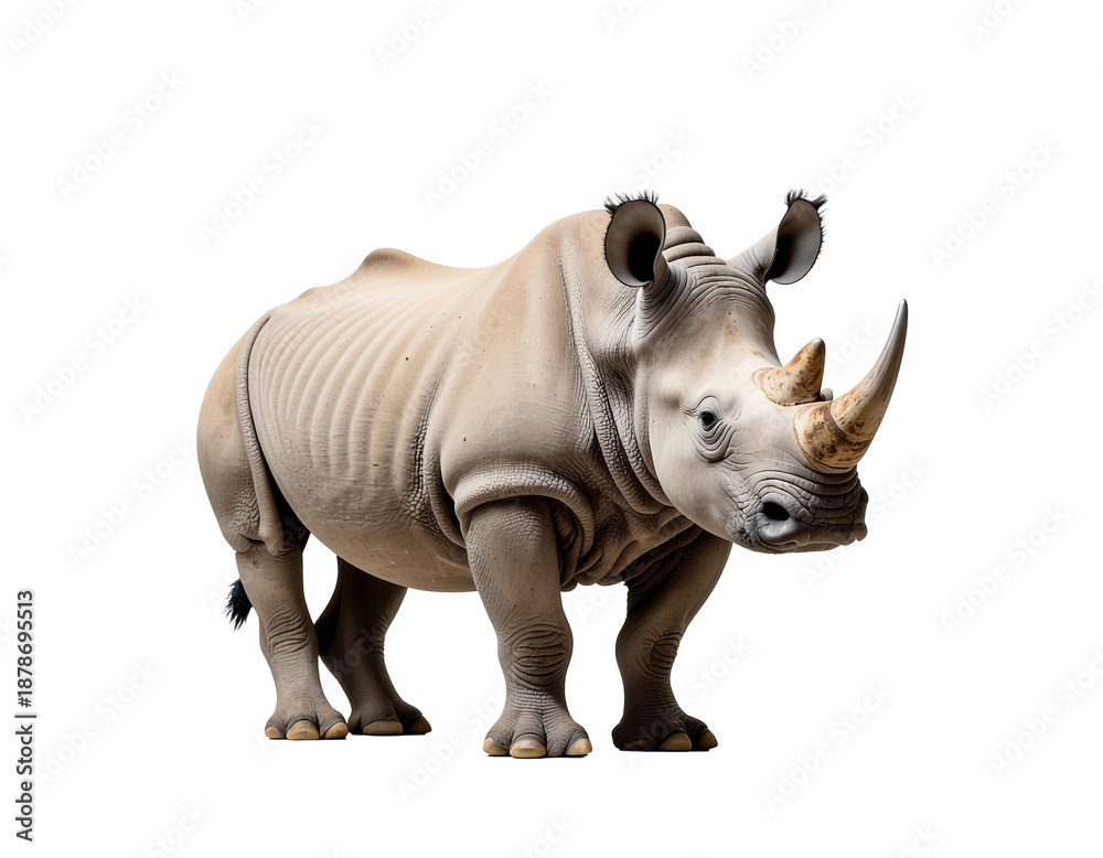 Obraz premium Young white rhinoceros standing with curled horn and textured gray skin