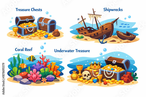 Adventure Awaits: Explore the depths of imagination with these captivating illustrations of treasure chests, shipwrecks, and vibrant coral reefs.
