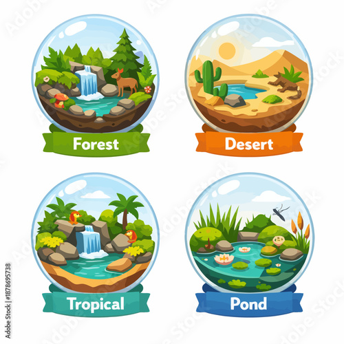 Eco-Spheres of Wonder: A vibrant illustration showcasing four unique eco-spheres, each representing a distinct ecosystem with lush forests, arid deserts, tropical paradises, and serene ponds.