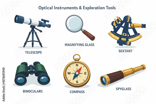 Optical Instruments & Exploration Tools: A set of six meticulously illustrated optical instruments and exploration tools, including a telescope, magnifying glass, sextant, binoculars, compass.