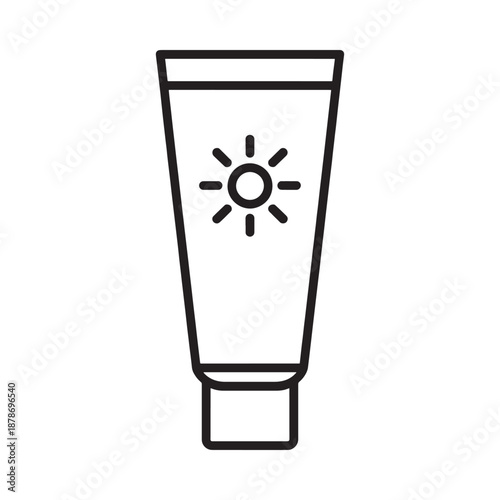 Sunscreen tube with sun symbol on white background