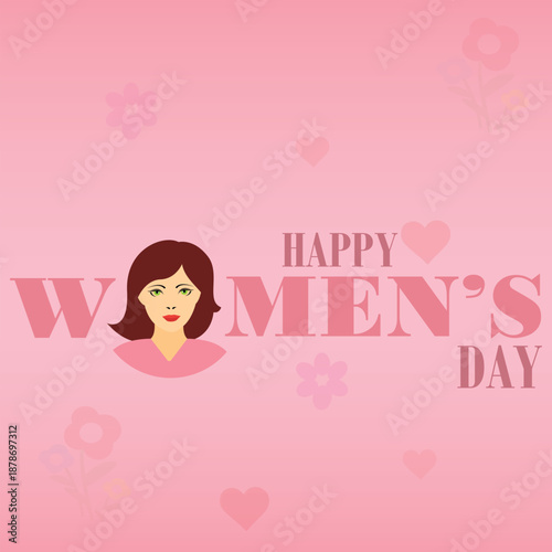 Pink banner with hearts and flowers, head of a woman and the message Happy Women’s day
