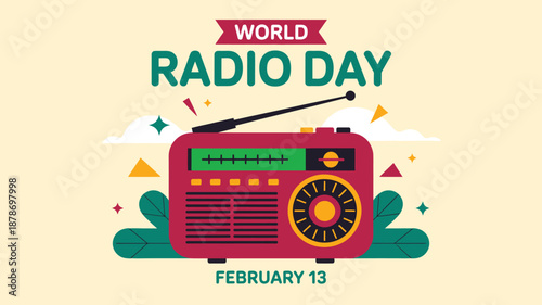 world radio day colorful flat illustration with retro radio and typography celebrating global broadcasting on february 13