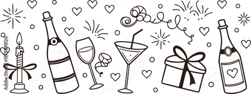 Hand-drawn romantic celebration line art banner with champagne, cocktails, gift, and candle. Adorned with hearts and sparkles, ideal for festive party designs