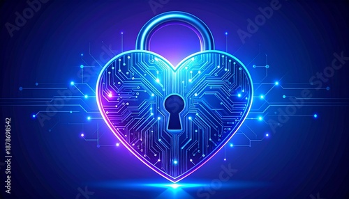 Secure digital heart with glowing circuit board lock and keyhole