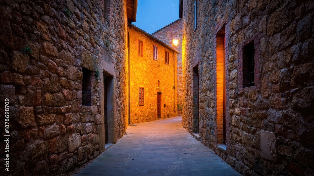 Fototapeta premium Serene Cobblestone Street in an Ancient Village at Dusk With Warm Light Glowing From Windows and Soft Shadows on Stone Walls
