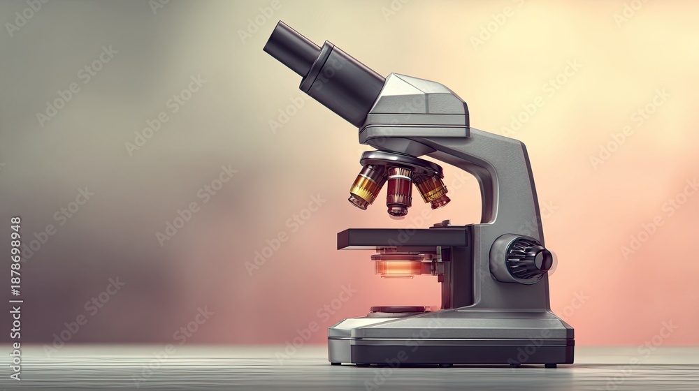 Fototapeta premium Modern microscope with multiple lenses placed on a laboratory table for scientific research focused on biology and life sciences in natural light