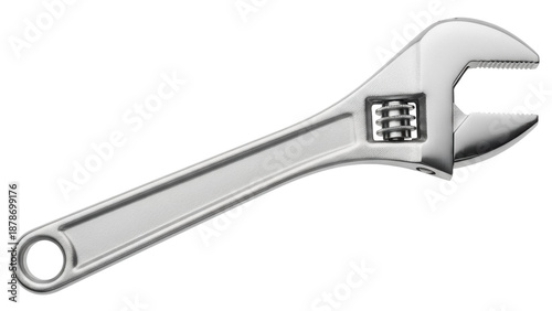 Adjustable wrench isolated PNG on transparent background, silver metal spanner tool for construction and repair work