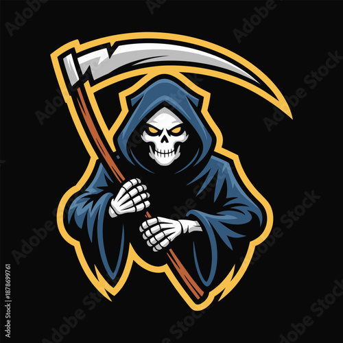Grim reaper holding scythe in blue hooded robe with yellow eyes and gold outline icon