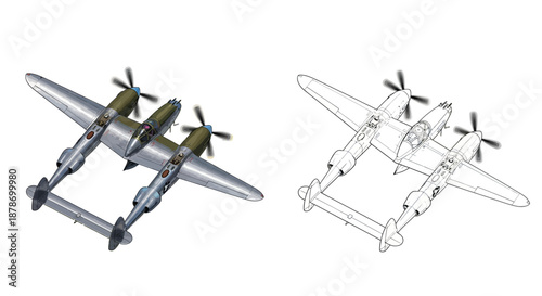 Classic World War II Fighter Aircraft Top View Illustration and Detailed Line Art Design