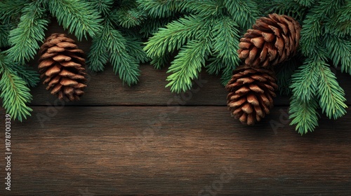 Rustic Winter Background with Evergreen Pine Cones and Fresh Green Fir Branches on Dark Wooden Surface for Holiday Decor