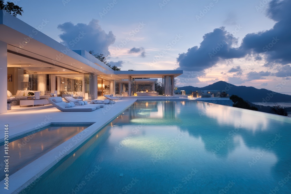 Fototapeta premium Luxury Modern Villa with Infinity Pool at Sunset