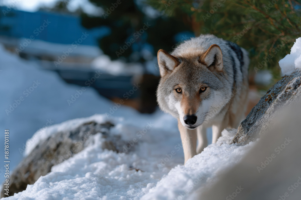 Obraz premium A beautiful wolf stealthily moving through a wintery landscape, showcasing its elegant form and instinctive prowess as it interacts harmoniously with its snowy surroundings.