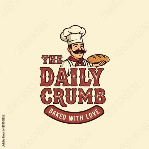 Cartoon Baker Holding Freshly Baked Bread Loaf.