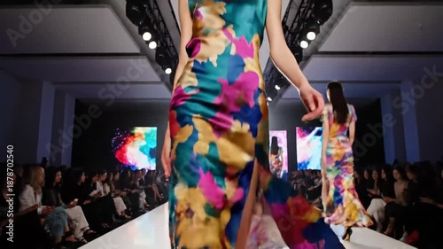 Fashion models walking down runway in colorful dresses at a modern fashion show
