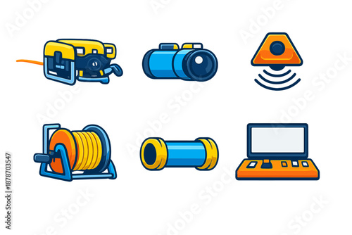 Set of cartoon icons representing technology and equipment