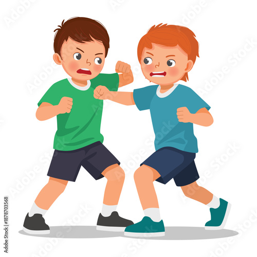Two little boys fighting hitting and punching each other with fists
