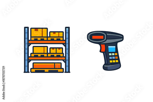 Warehouse shelf with boxes and barcode scanner