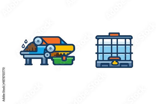 Flat icon set: industrial equipment and storage container